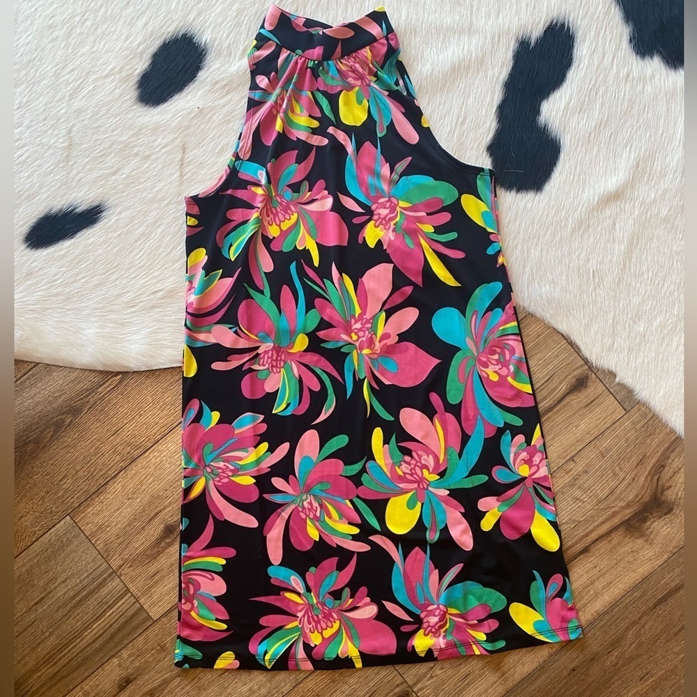 Trina Turk Hana Hou Vibrant Tropical resort wear Halter Slinky Jersey Dress